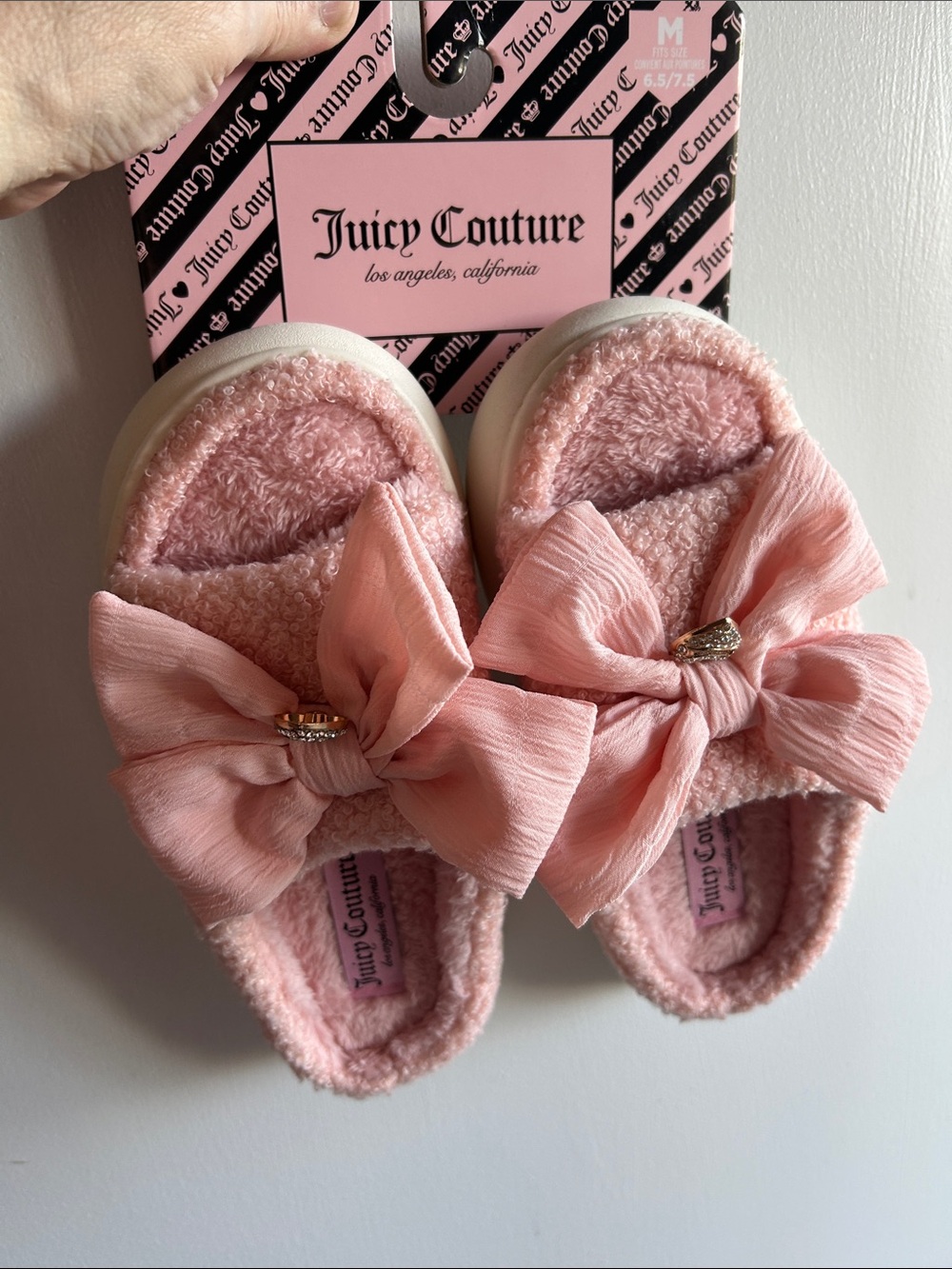 Juicy Couture Blush Pink Bow Plush Slide Slippers